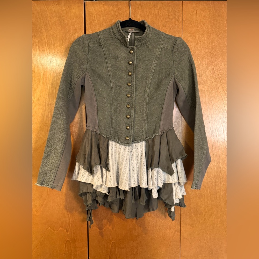 Free People Military Ruffles Jacket in Olive Green